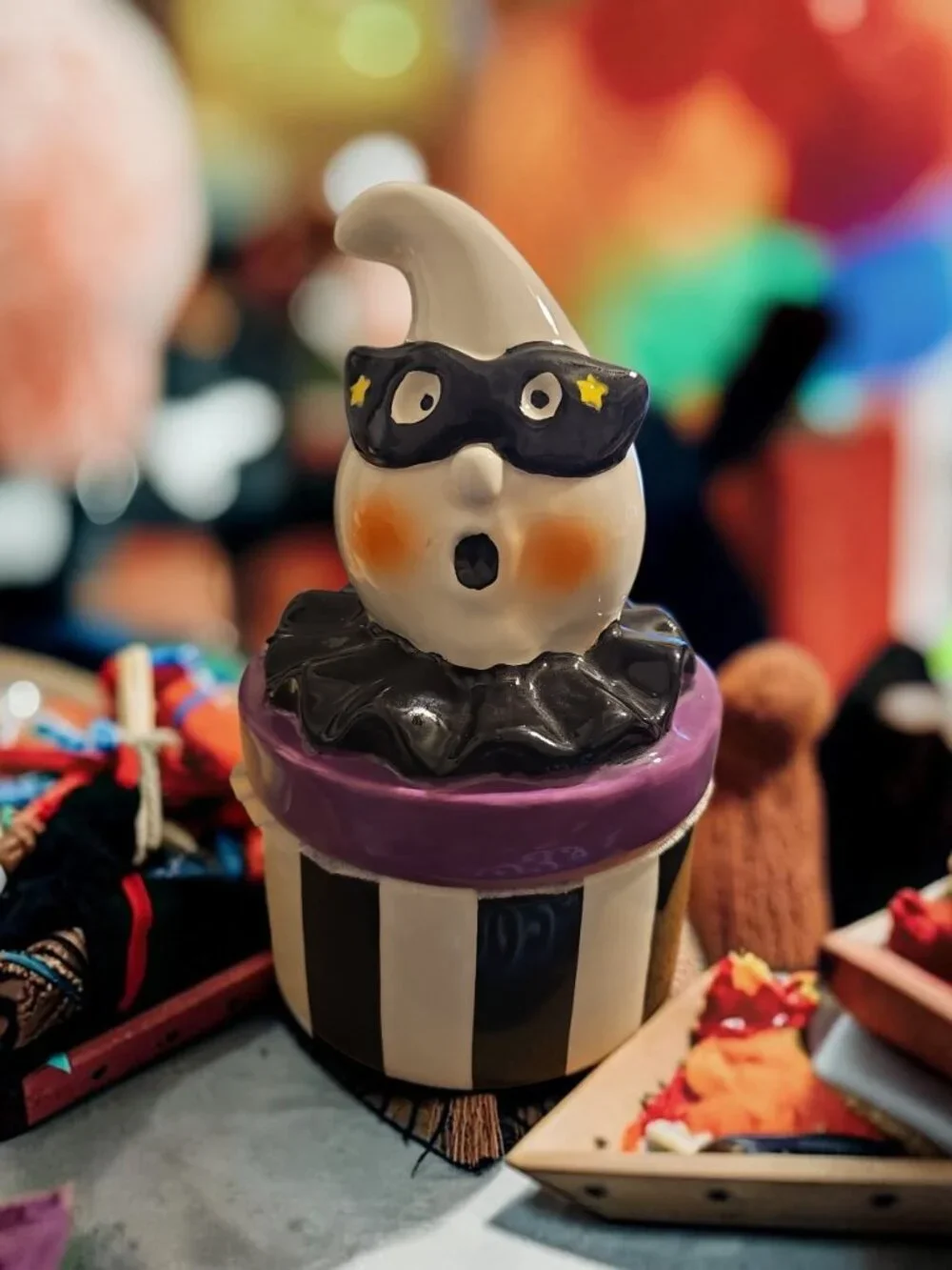 Halloween Ceramic Ghost Figurine – Mask & Star Design – Striped Base – Cute Spoo